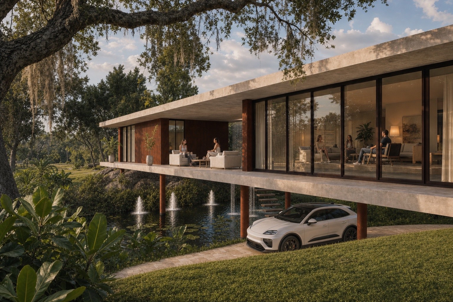 Casa contemporánea rodeada de vegetación, con espacios abiertos al exterior